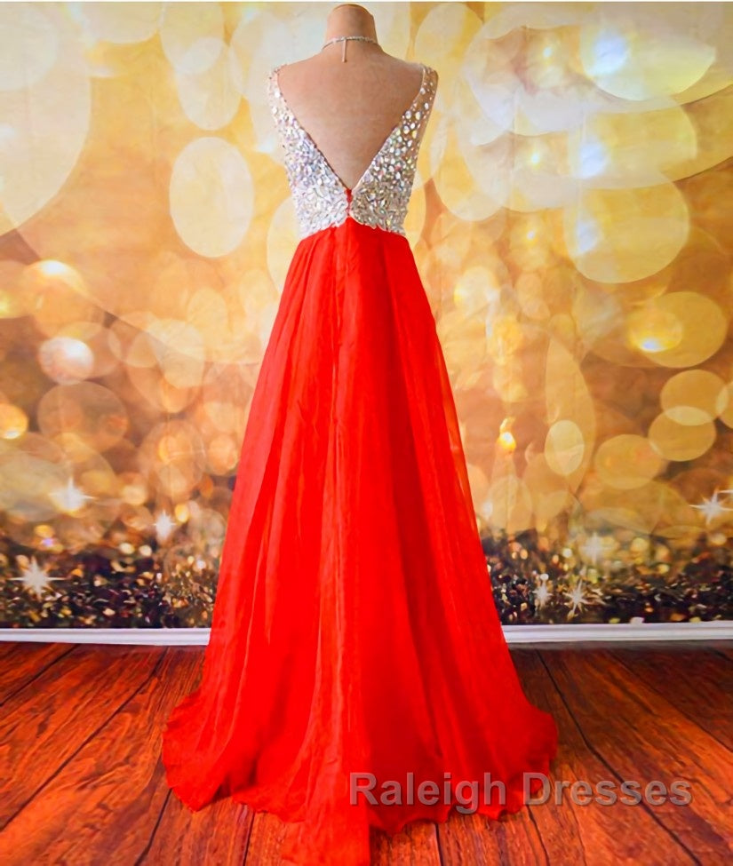 V Neck And V Back Sequins Chiffon Red Prom Dresses, Long Red Formal Dresses, Evening Dresses Secondary image