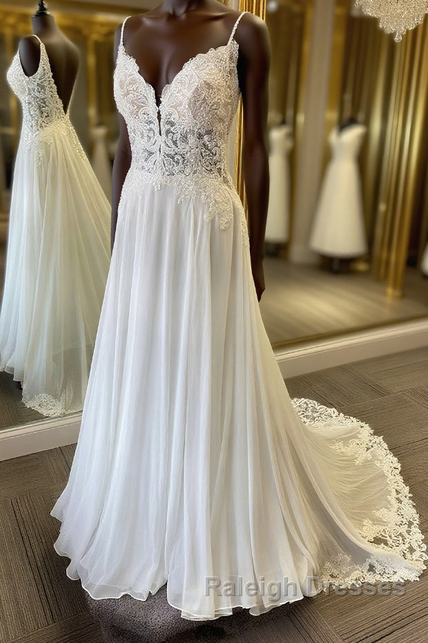 V Neck and V Back White Lace Long Prom Dress, White Lace Wedding Dress, Long White Formal Evening Dress