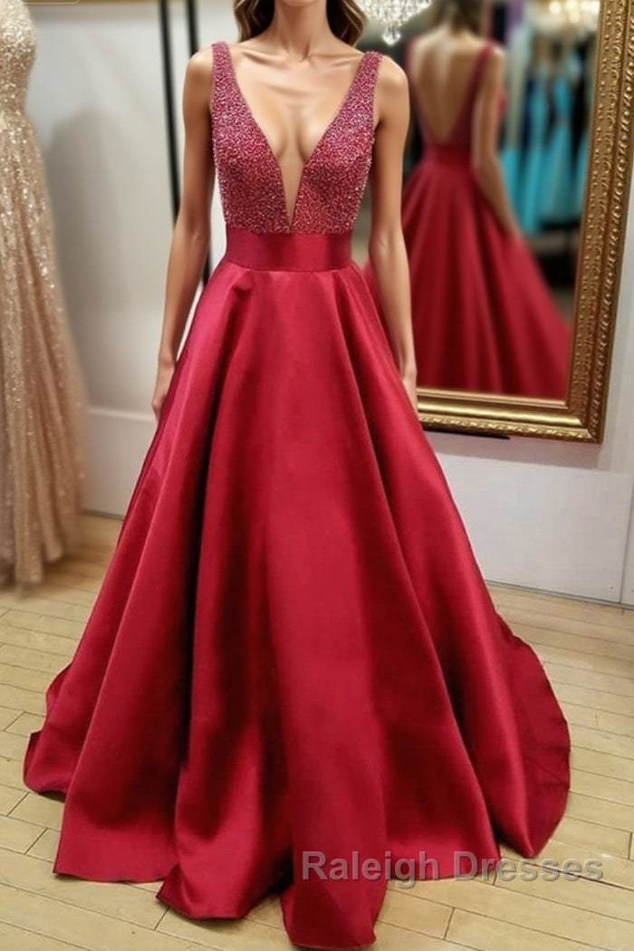 V Neck and V Neck Sequins Burgundy Long Prom Dress, V Neck Burgundy Formal Graduation Evening Dress Main image