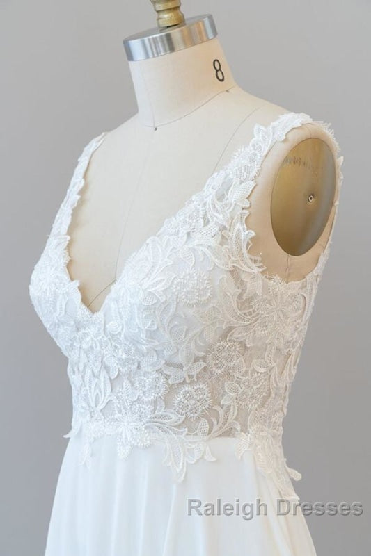 V Neck Appliques Chiffon A Line Wedding Dresses