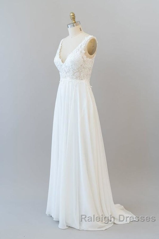 V Neck Appliques Chiffon A Line Wedding Dresses