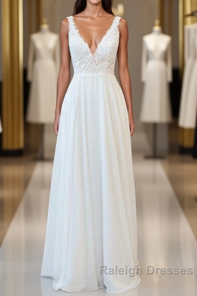 V Neck Appliques Chiffon A Line Wedding Dresses Main image
