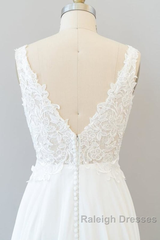 V-neck Appliques Chiffon A-line Wedding Dress