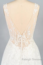 V Neck Appliques Tulle A Line Wedding Dresses