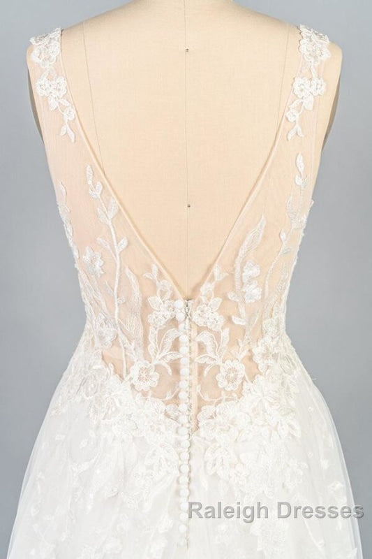 V Neck Appliques Tulle A Line Wedding Dresses