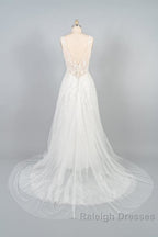 V Neck Appliques Tulle A Line Wedding Dresses