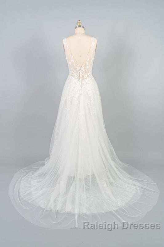 V Neck Appliques Tulle A Line Wedding Dresses
