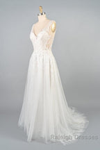V Neck Appliques Tulle A Line Wedding Dresses