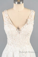 V-neck Appliques Tulle A-line Wedding Dress