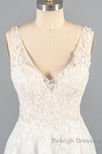V Neck Appliques Tulle A Line Wedding Dresses