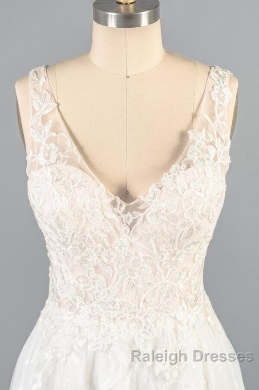 V Neck Appliques Tulle A Line Wedding Dresses