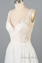 V Neck Appliques Tulle A Line Wedding Dresses