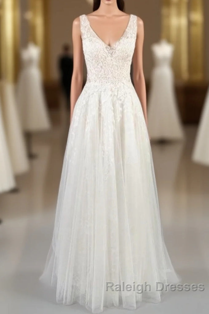 V Neck Appliques Tulle A Line Wedding Dresses Main image