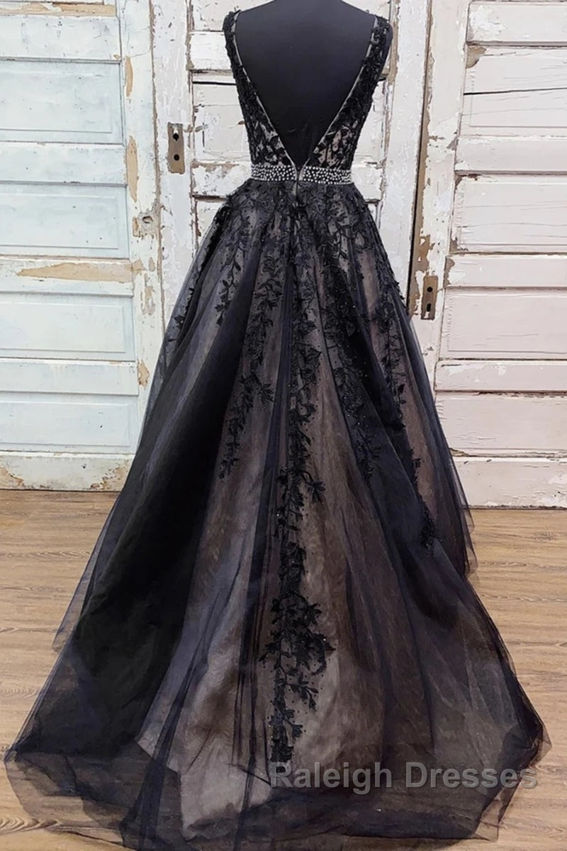 V Neck Backless Black Lace Long Prom Dress, Black Lace Formal Dress, Black Evening Dress Secondary image