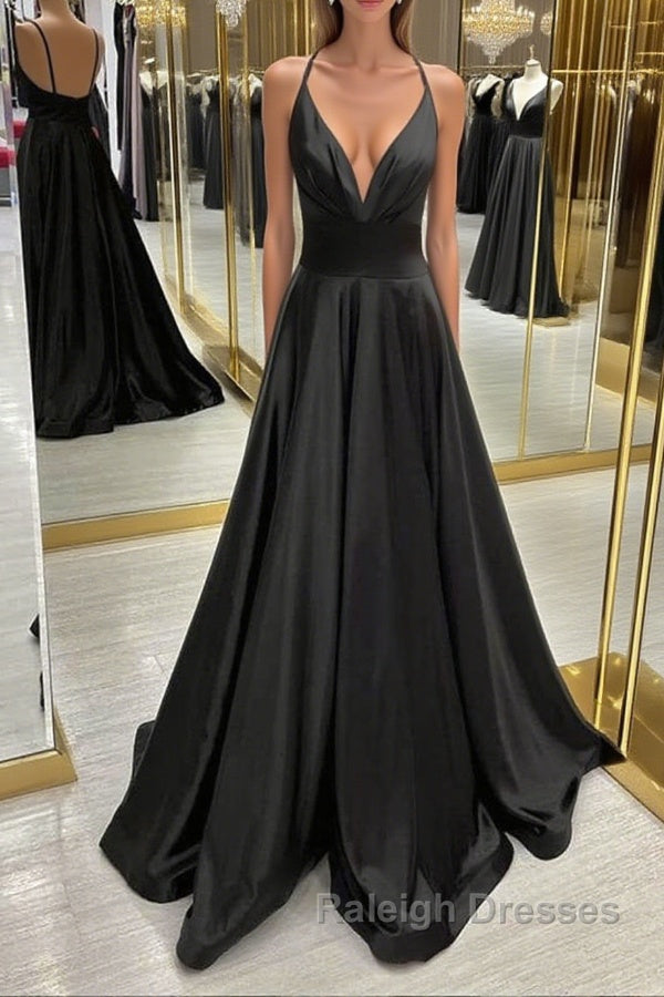 V Neck Backless Black Satin Long Prom Dresses, Backless Black Formal Dresses, Black Evening Dresses Main image