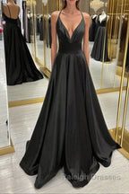 V Neck Backless Black Satin Long Prom Dresses, Backless Black Formal Dresses, Black Evening Dresses