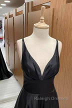 V Neck Backless Black Satin Long Prom Dress Backless Black Prom Dress Black Prom Dress