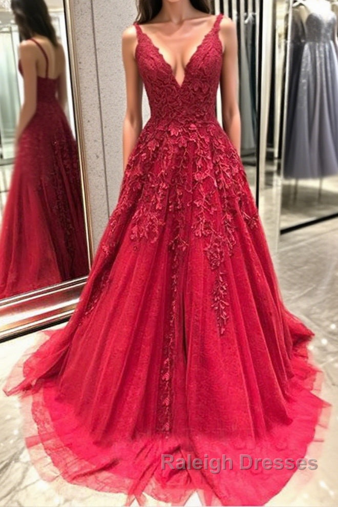 V Neck Backless Burgundy Lace Long Prom Dresses, Burgundy Lace Formal Graduation Evening Dresses Main image