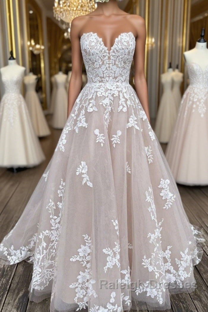 V Neck Backless Champagne Lace Appliques Long Prom Dress, Champagne Lace Formal Evening Dress Main image