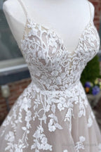 V Neck Backless Champagne Lace Appliques Long Prom Dresses Champagne Lace Prom Dresses A1313