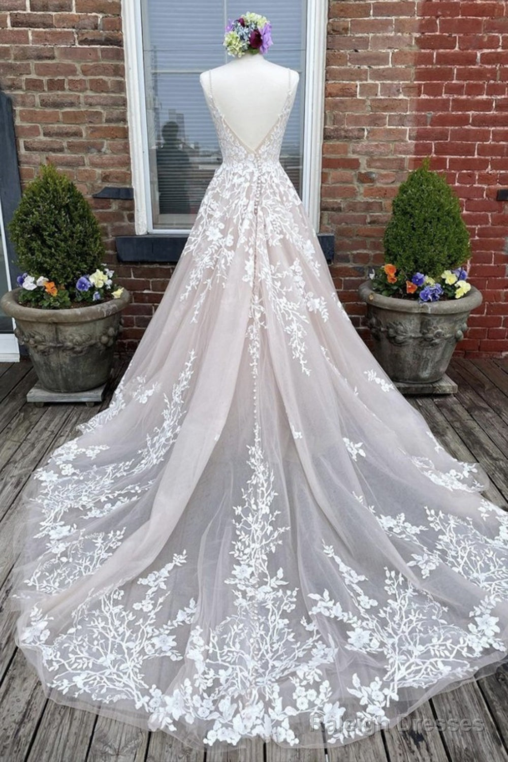 V Neck Backless Champagne Lace Appliques Long Prom Dresses Champagne Lace Prom Dresses A1313