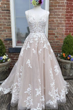 V Neck Backless Champagne Lace Appliques Long Prom Dresses Champagne Lace Prom Dresses A1313