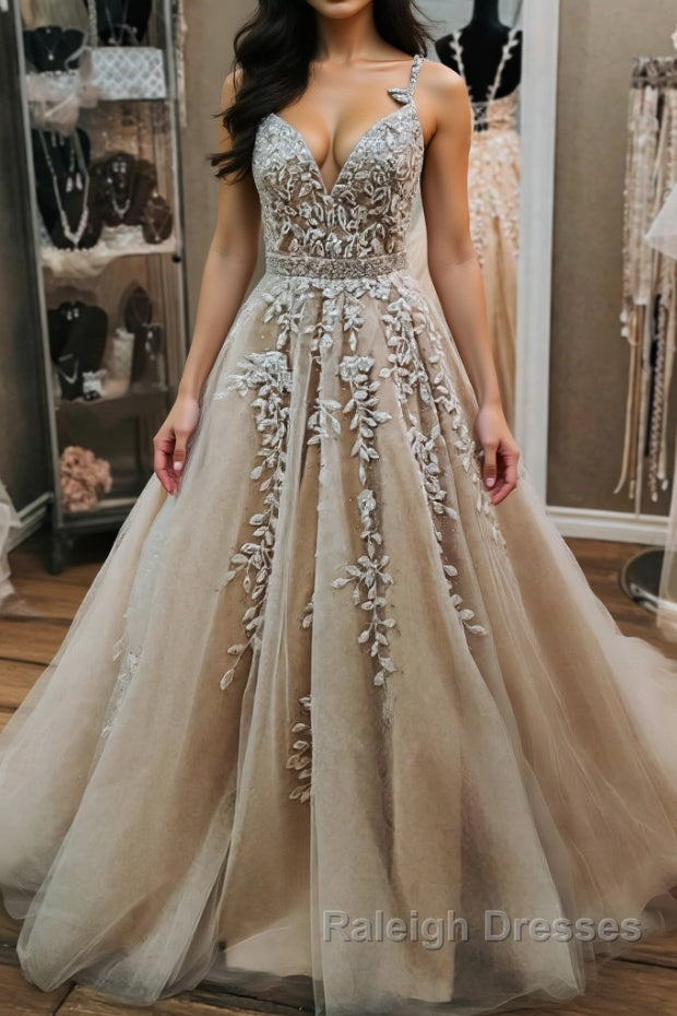 V Neck Backless Champagne Tulle Lace Long Prom Dress Champagne Lace Prom Dress Champagne Ball Gown