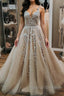 V Neck Backless Champagne Tulle Lace Long Prom Dress Champagne Lace Prom Dress Champagne Ball Gown