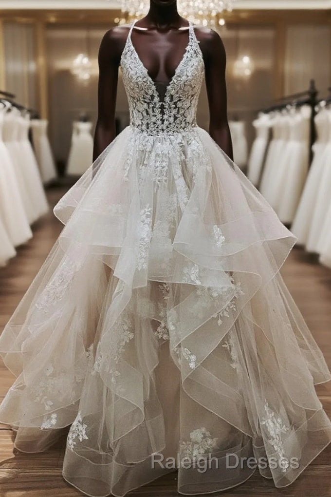 V Neck Backless Light Champagne Lace Wedding Dresses, Open Back Champagne Lace Formal Prom Dresses Main image