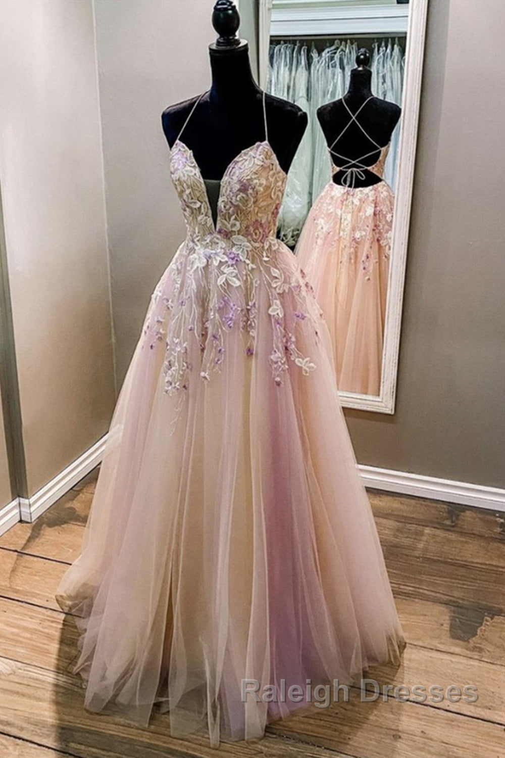V Neck Backless Pink Lace Floral Long Prom Dresses Pink Lace Prom Dresses Pink Prom Dresses Secondary image