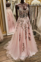 V Neck Backless Pink Lace Long Prom Dress, Long Pink Lace Formal Evening Dress