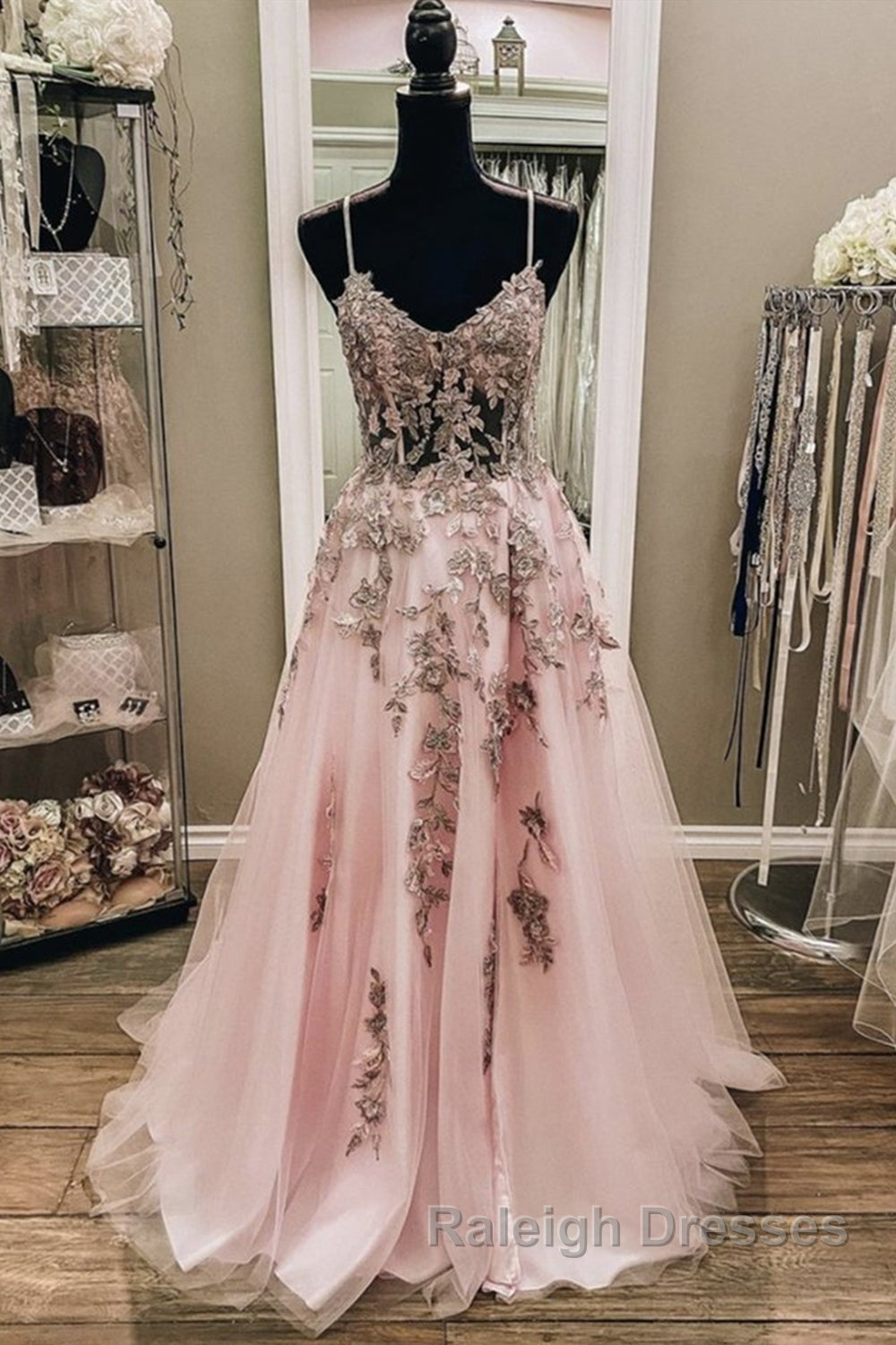 V Neck Backless Pink Lace Long Prom Dress, Long Pink Lace Formal Evening Dress Secondary image