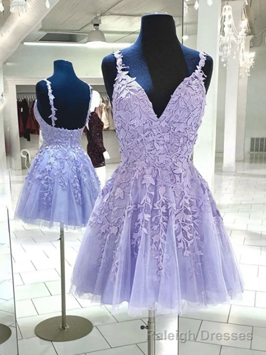 V Neck Backless Purple Lace Short Prom Dresses, Open Back Purple Short Lace Formal Homecoming Dresses Main image