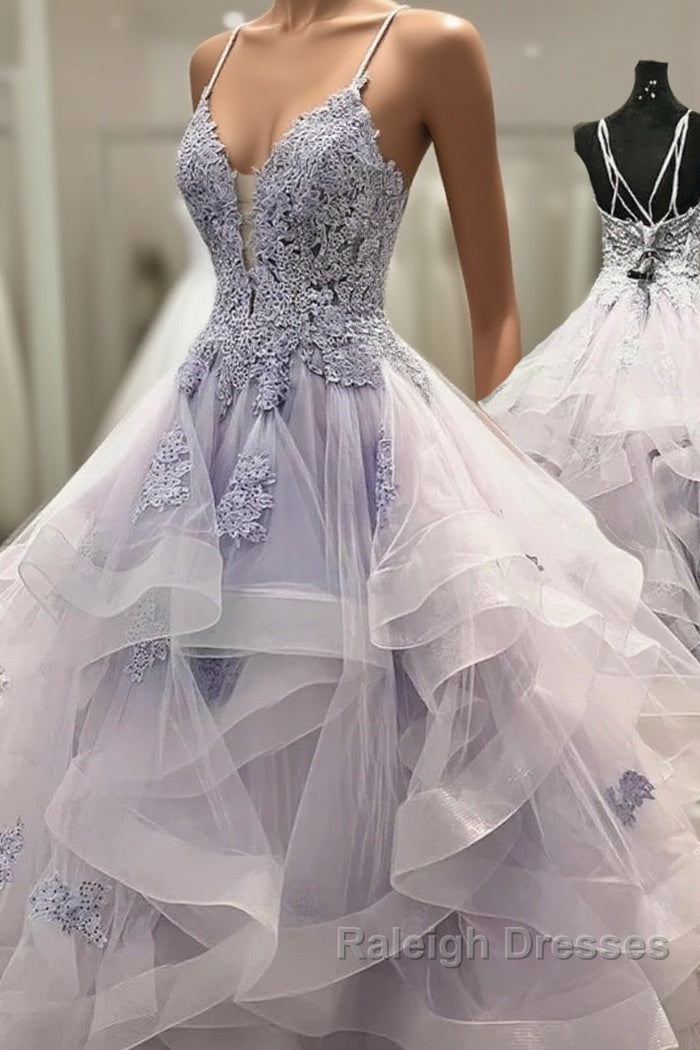 V Neck Backless Ruffles Appliques Tulle Blue Prom Dress Main image