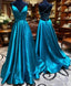 V Neck Backless Teal Long Prom Dresses, V Neck Open Back Blue Formal Evening Dresses