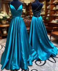 V Neck Backless Teal Long Prom Dresses, V Neck Open Back Blue Formal Evening Dresses