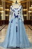 V-Neck Ball Gown Sweep Train Tulle Prom Dress With Appliqued