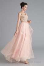 V-Neck Beaded Applique Asymmetrical Sleeveless Tulle Prom Dresses