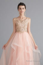 V-Neck Beaded Applique Asymmetrical Sleeveless Tulle Prom Dresses