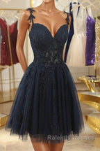 V Neck Beaded Navy Blue Lace Prom Dress, Navy Blue Lace Homecoming Dress, Short Navy Blue Formal Graduation Evening Dress