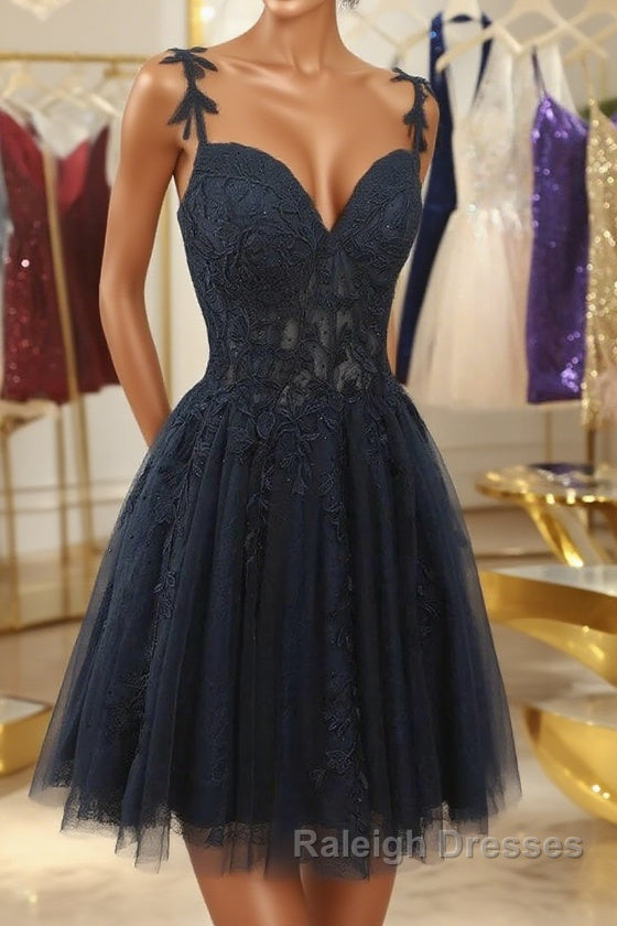 V Neck Beaded Navy Blue Lace Prom Dress, Navy Blue Lace Homecoming Dress, Short Navy Blue Formal Graduation Evening Dress