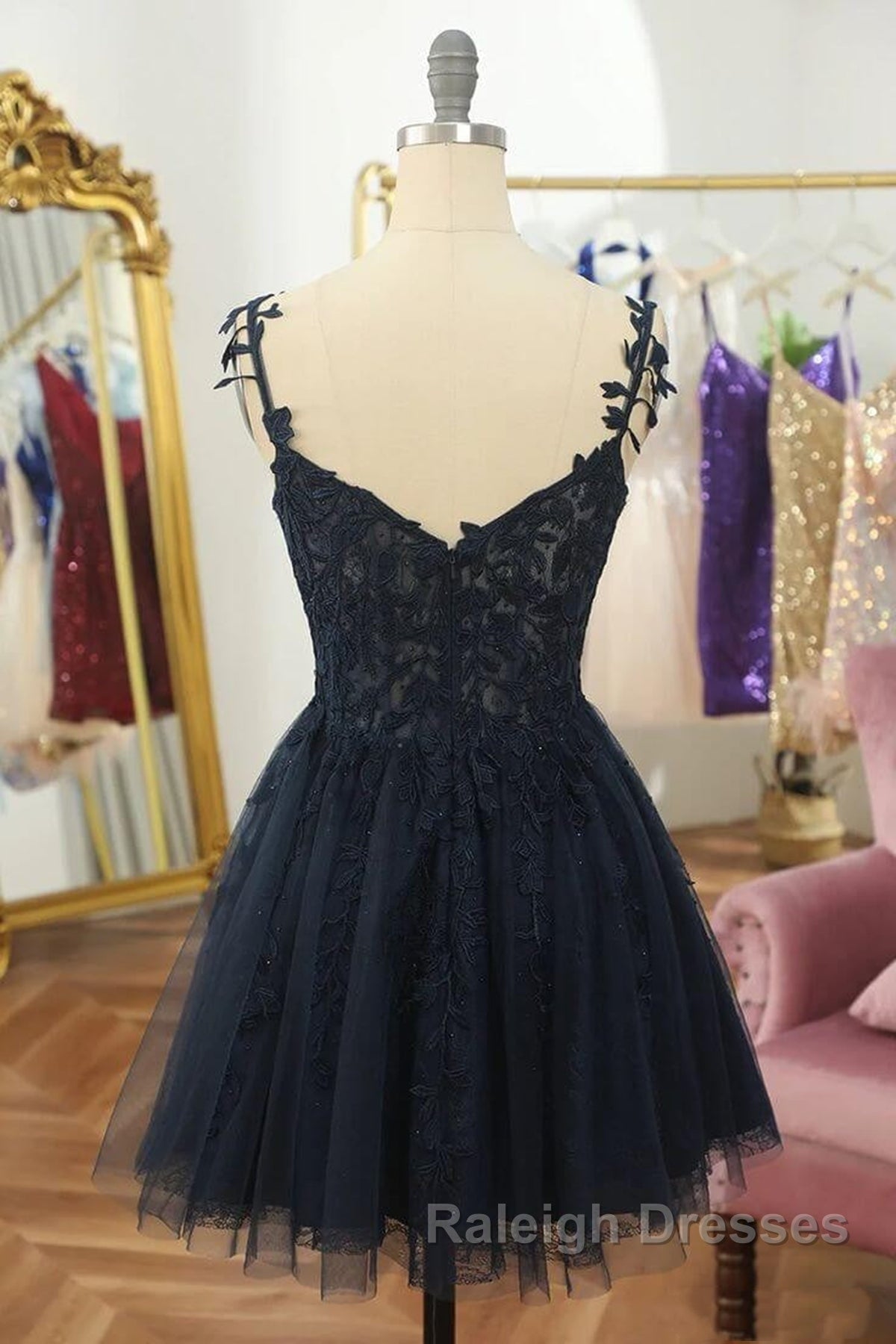 V Neck Beaded Navy Blue Lace Prom Dress, Navy Blue Lace Homecoming Dress, Short Navy Blue Formal Graduation Evening Dress Secondary image