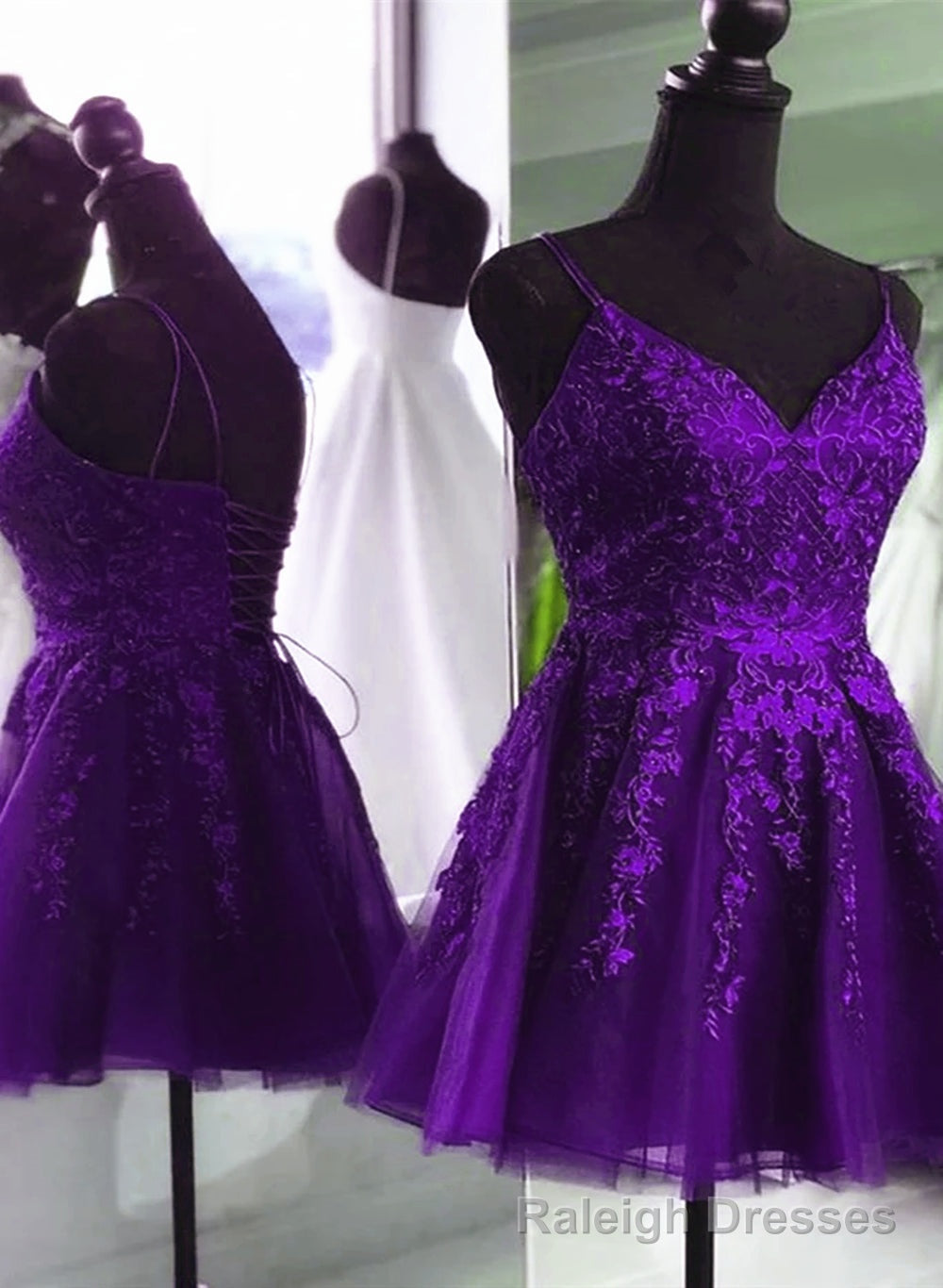 V Neck Beaded Purple Lace Prom Dress, Purple Lace Homecoming Dress Short Prom Dress Main image