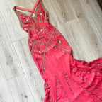 Fairytale Cream Beige/Black/Pink V Neck Sophisticated Elegant Floral Long Prom Dresses