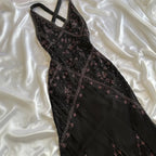 Fairytale Cream Beige/Black/Pink V Neck Sophisticated Elegant Floral Long Evening Prom Dress