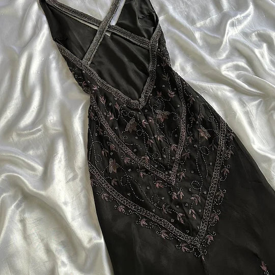 Fairytale Cream Beige/Black/Pink V Neck Sophisticated Elegant Floral Long Evening Prom Dress