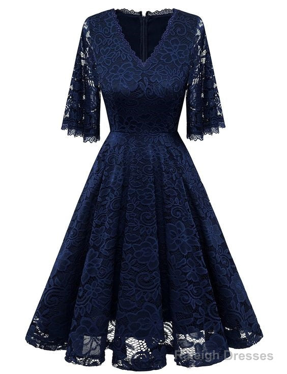 V-Neck Bell Sleeve A-Line Knee Length Lace Bridesmaid Dresses Homecoming Dresses With Lace