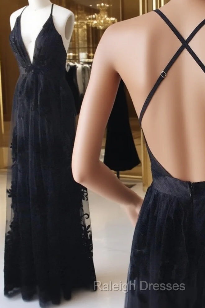 V Neck Black Backless Lace Prom Dress Open Back Black Lace Prom Bridesmaid Dress