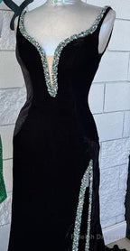V Neck Black Long Prom Dress with Beading