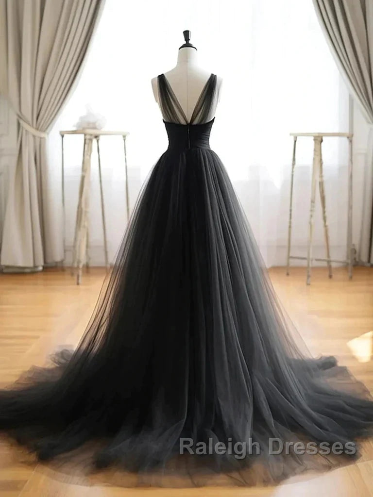 V Neck Black Tulle A Line  Prom Dress Secondary image